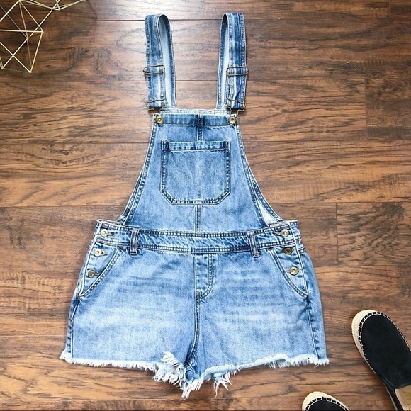 True Craft • denim overall shorts shortalls cut offs raw frayed hem distressed - Picture 2 of 12